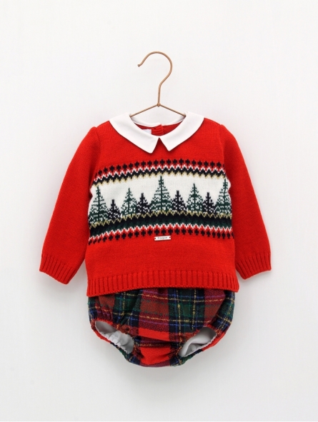 Fir trees fretwork sweater and checked bloomers