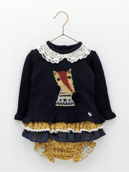 Baby girl dress of jumper with fox print and bloomers