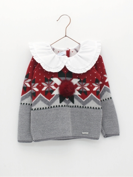 Girl jumper with fretwork and ruffle collar