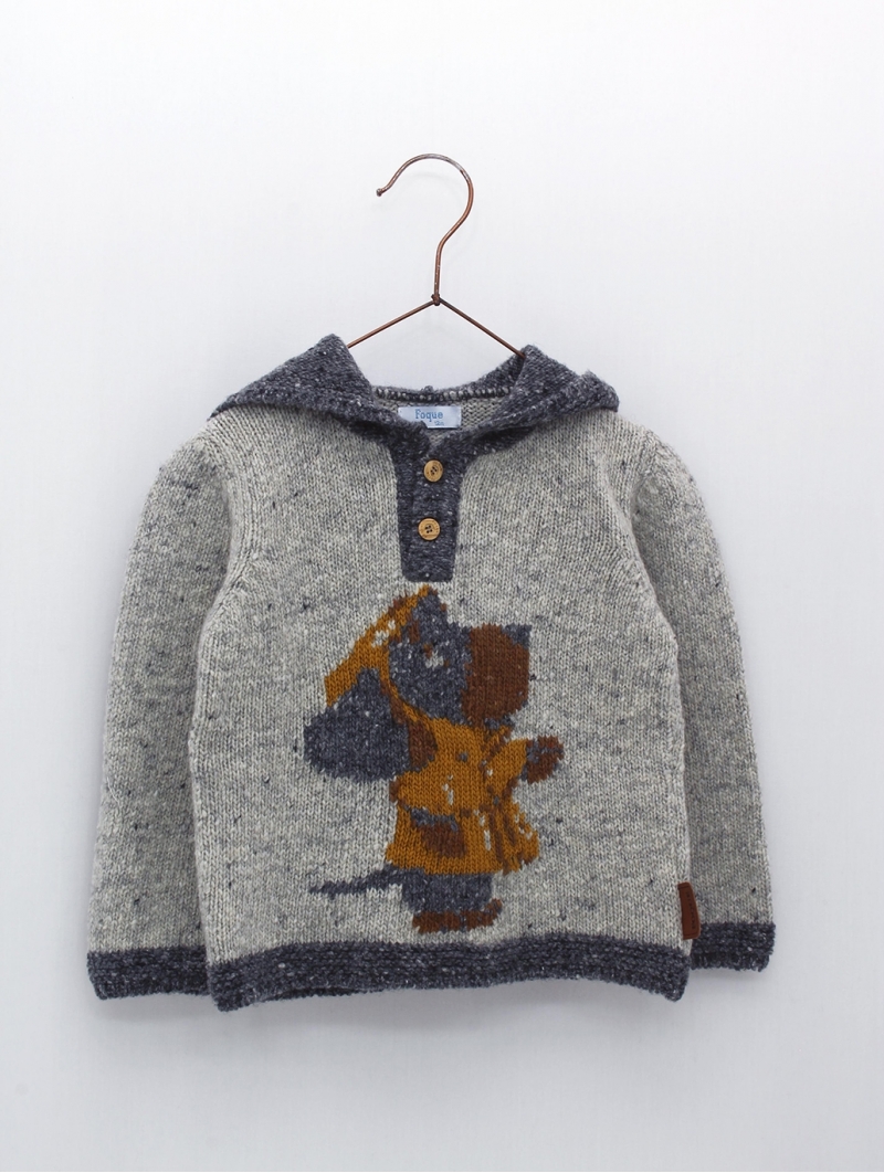 Baby boy sweater with hood and drawing of a dog wearing a trench coat