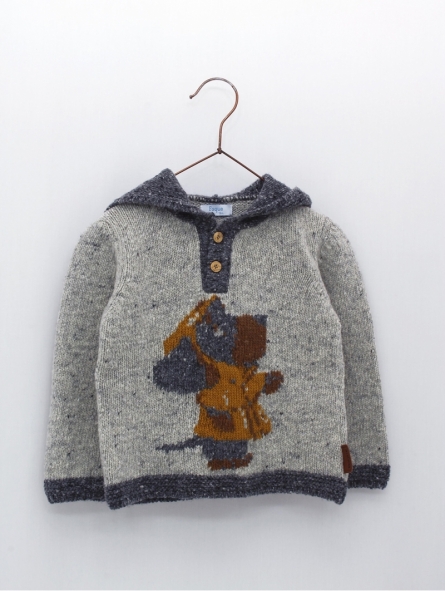 Baby boy sweater with hood and drawing of a dog wearing a trench coat