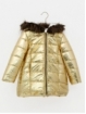 Gold puffer jacket with fur hood
