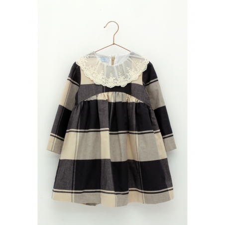 Checked dress with embroidered tulle ruffle