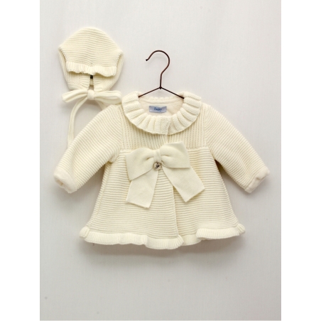 Baby girl set of knitted coat with sheepskin lining and bonnet