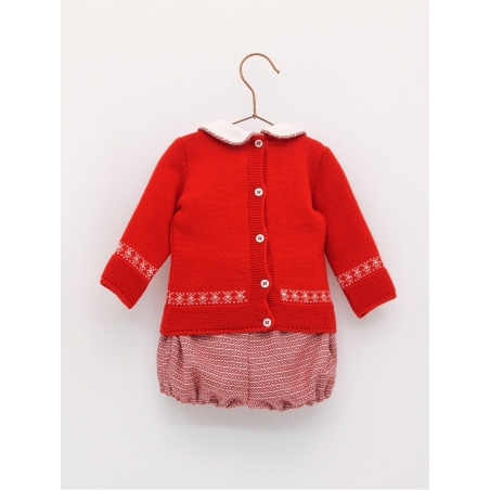 Red baby sweater set with marbled bloomers