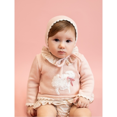 Baby girl sweater with little sheep and flowered bloomers