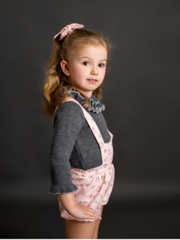 Girl dress with ruffle collar and patterned pink overalls