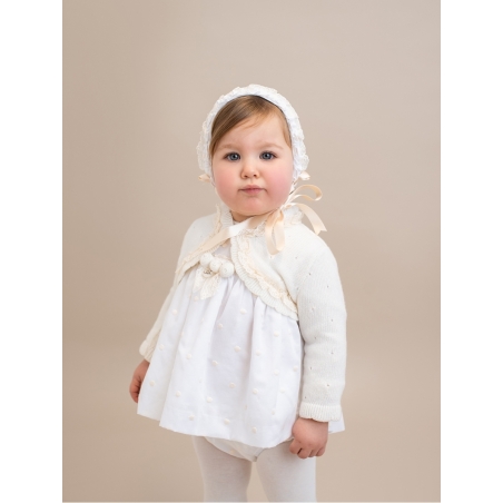 Romper-style girl baby dress with embroidered bobble stitches