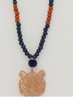 Necklace blue wood balls and tiger figure tile