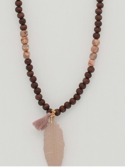 Necklace wood ball with feather pendant