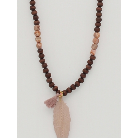 Necklace wood ball with feather pendant