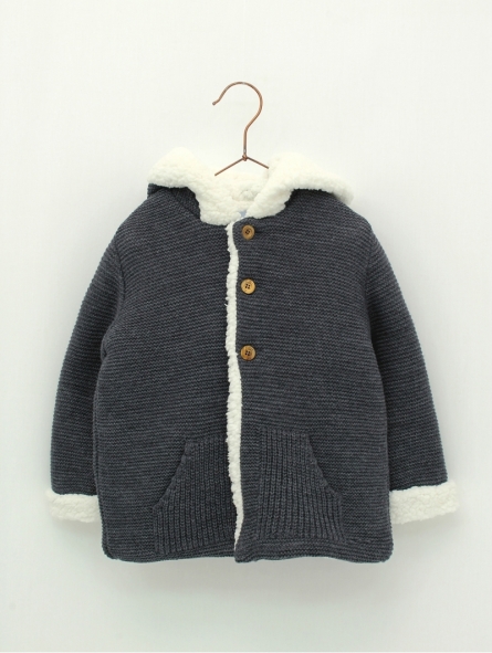 Garter stitch baby boy duffle coat with hood and sheepskin lining
