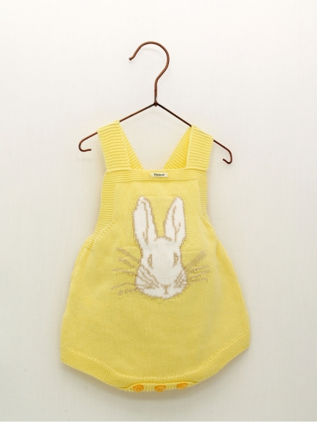 Knitted baby romper suit with straps and bunny print