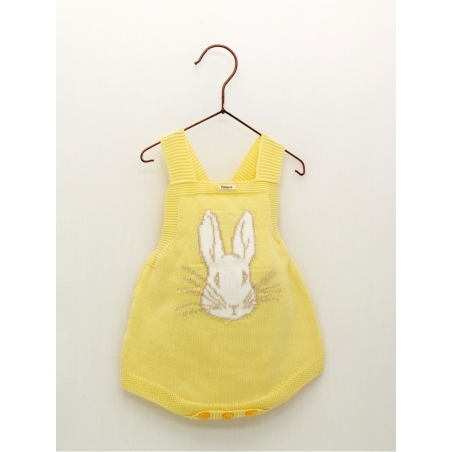 Knitted baby romper suit with straps and bunny print