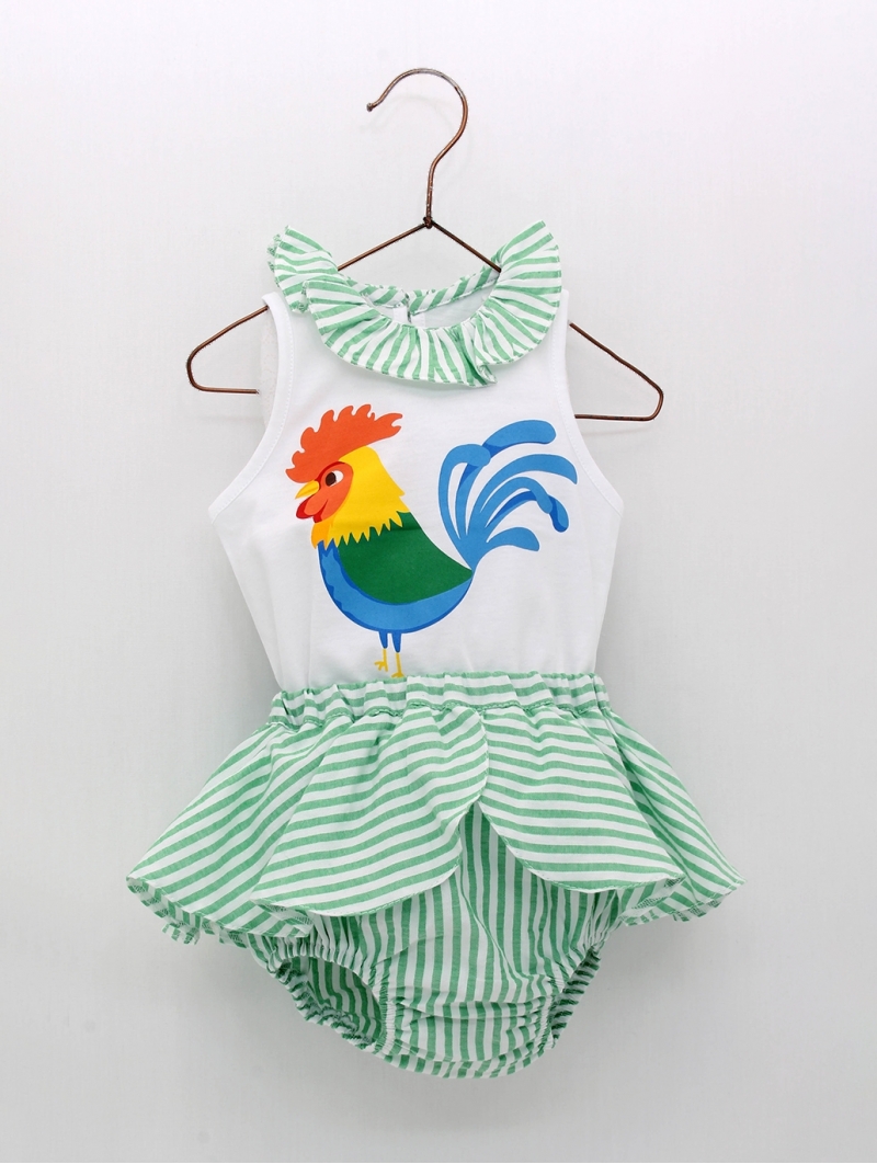 Girl set of rooster T-shirt and striped bloomers