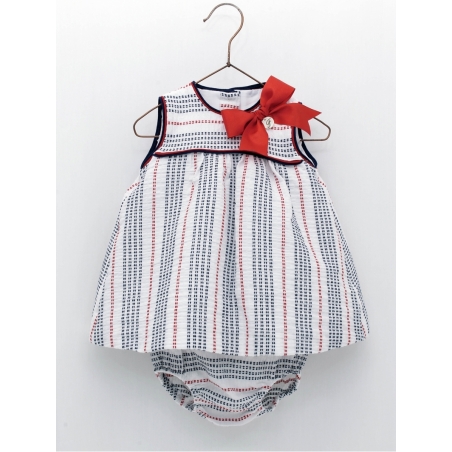 Nautic baby girl dress and bloomers in striped cheesecloth