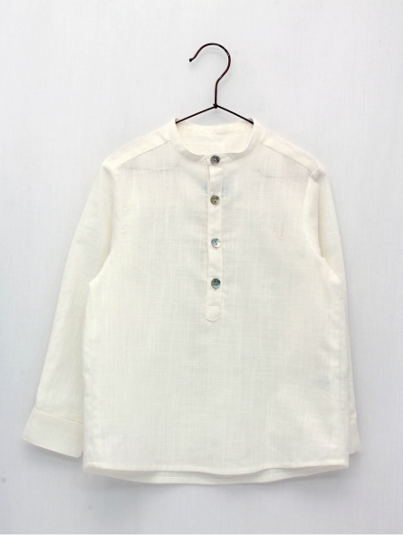 Camisa manga longa com pescoço mao em linho algodão