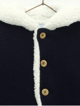 Garter stitch baby boy duffle coat with hood and sheepskin lining