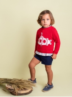 Boy cotton jumper with round collar and submarine print