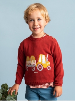 Boy cotton jumper with round collar and tractor print