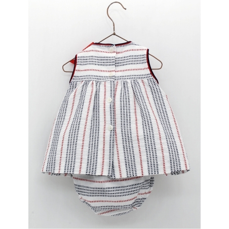 Nautic baby girl dress and bloomers in striped cheesecloth
