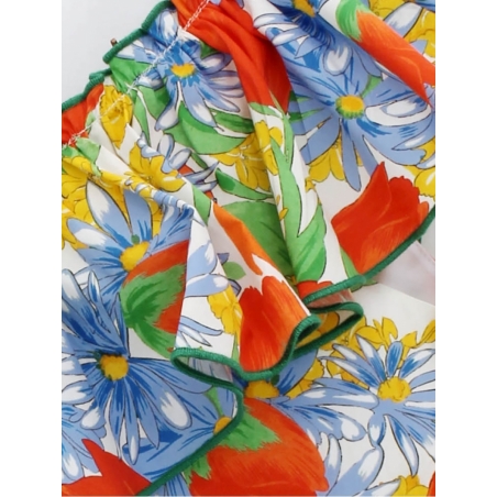 Vestido estampado tulipanes con escote y gran volante asimétrico