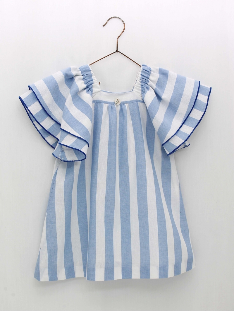 Striped dress with double flounce sleeves