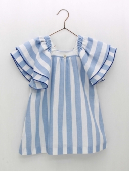 Striped dress with double flounce sleeves