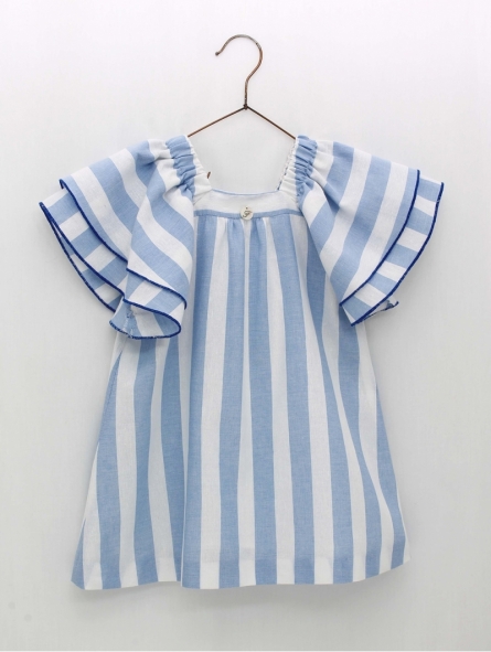 Striped dress with double flounce sleeves
