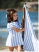 Striped dress with double flounce sleeves