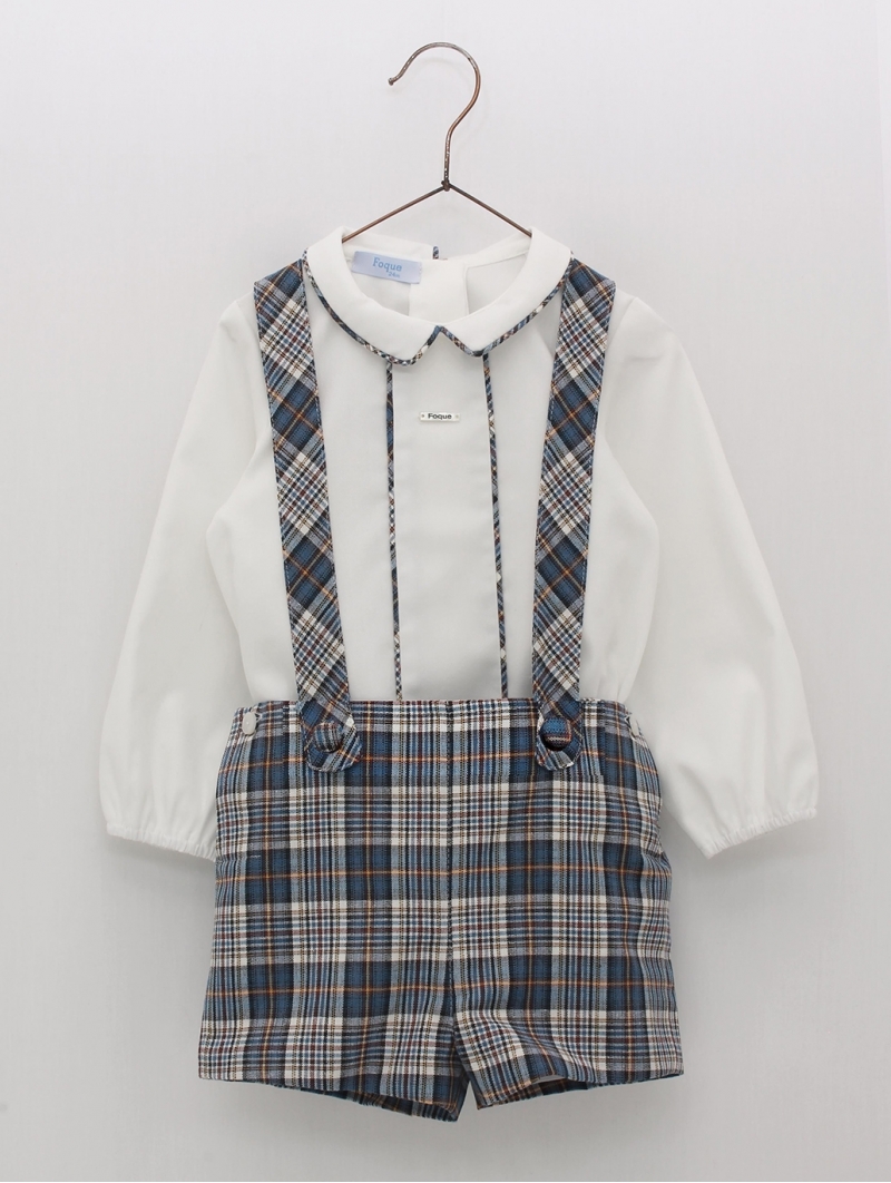 Checkered suspenders pants and shirt set