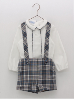 Checkered suspenders pants and shirt set