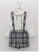 Checkered suspenders pants and shirt set