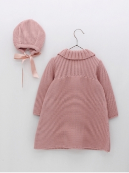 Knit coat and bonnet with pompoms