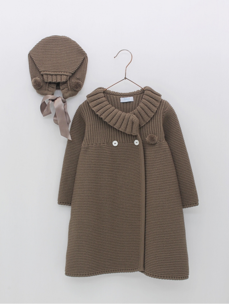 Knitted coat and hood with pompoms