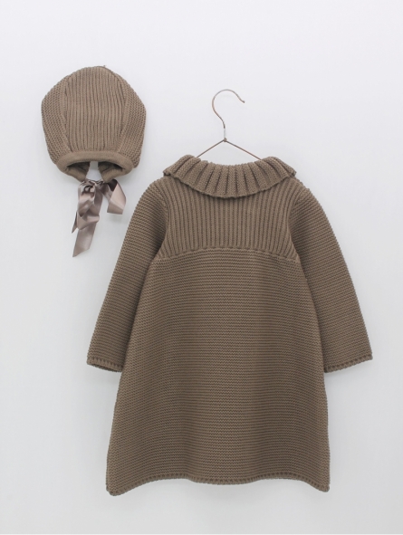 Knit coat and bonnet with pompoms