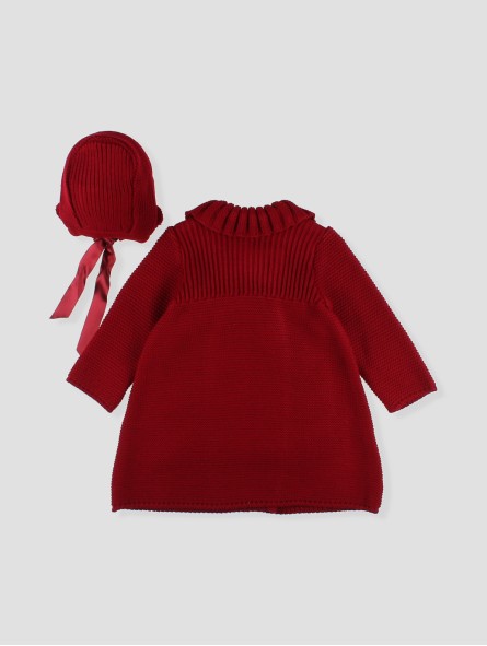 Knitted coat and bonnet with pompoms