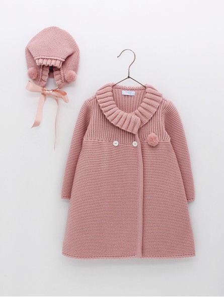 Knitted coat and bonnet with pompoms