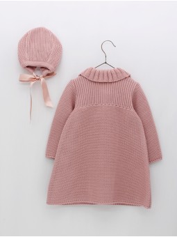 Knitted coat and bonnet with pompoms