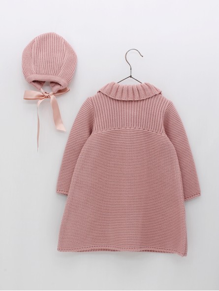 Knitted coat and bonnet with pompoms